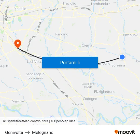 Genivolta to Melegnano map