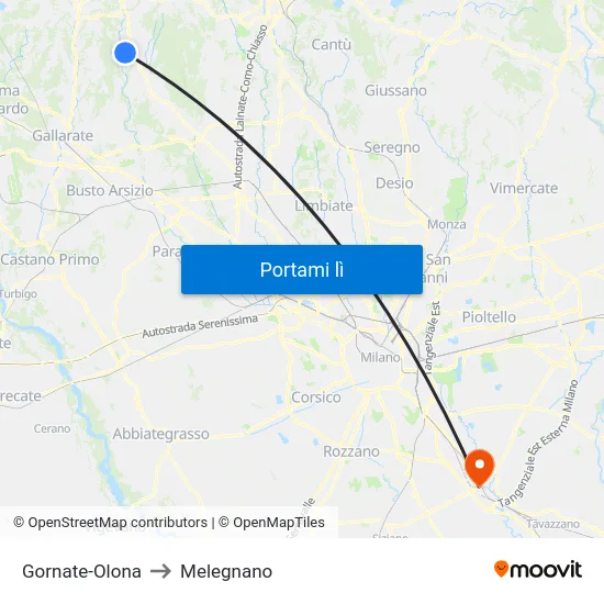 Gornate-Olona to Melegnano map