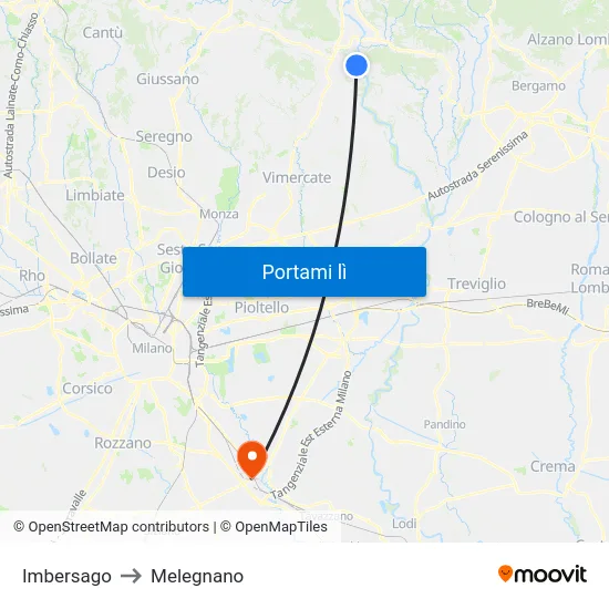 Imbersago to Melegnano map