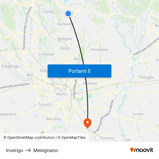 Inverigo to Melegnano map
