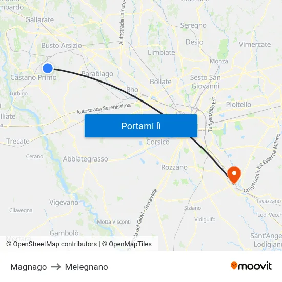Magnago to Melegnano map
