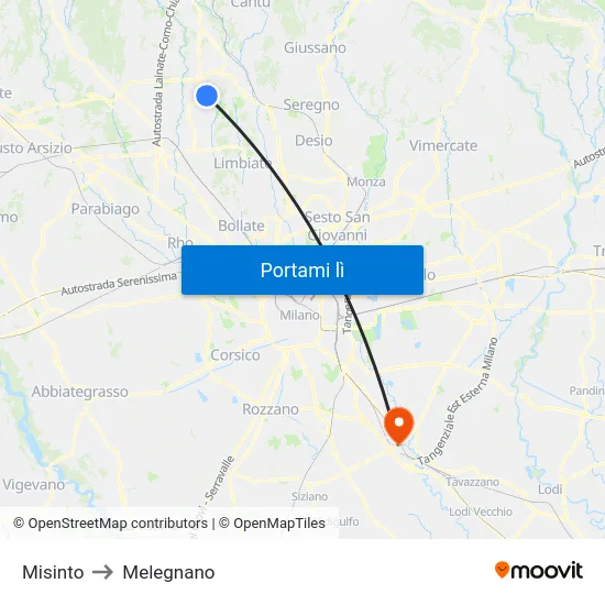 Misinto to Melegnano map