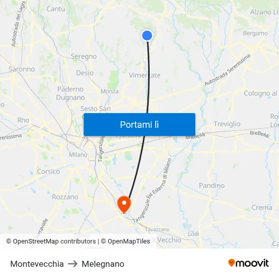 Montevecchia to Melegnano map