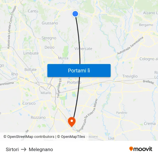 Sirtori to Melegnano map