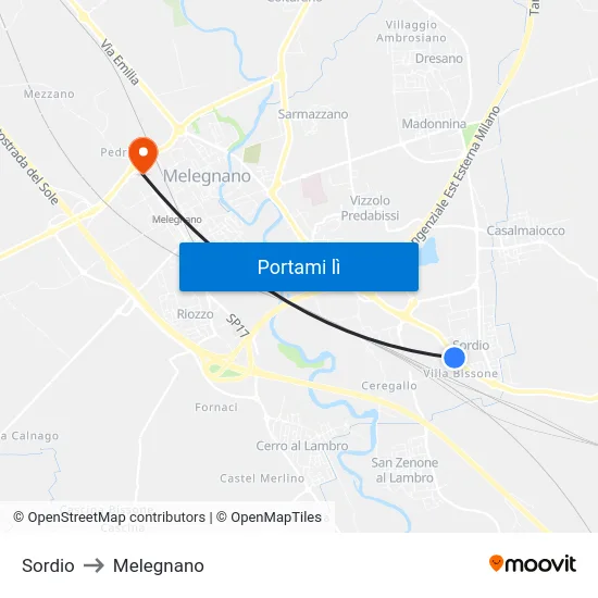 Sordio to Melegnano map