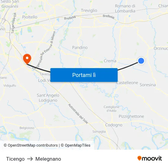 Ticengo to Melegnano map