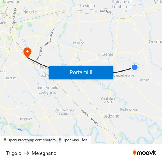 Trigolo to Melegnano map