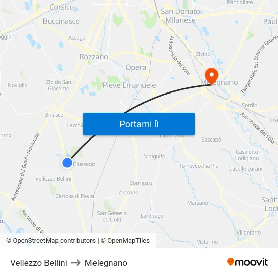Vellezzo Bellini to Melegnano map