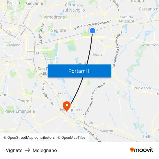 Vignate to Melegnano map