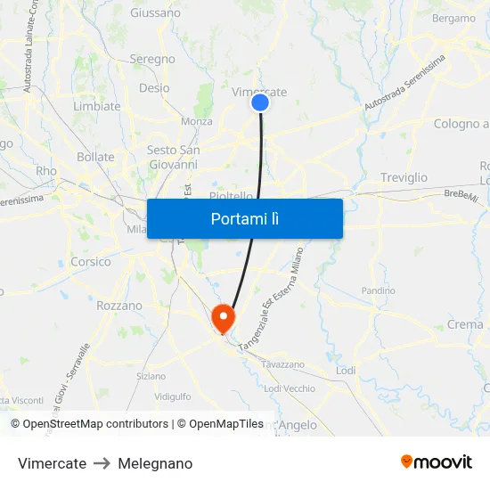 Vimercate to Melegnano map