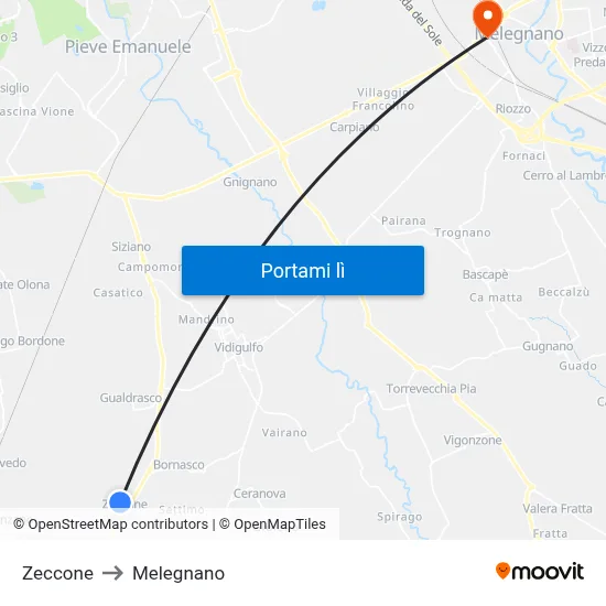 Zeccone to Melegnano map