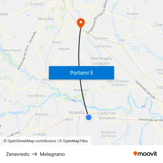 Zenevredo to Melegnano map