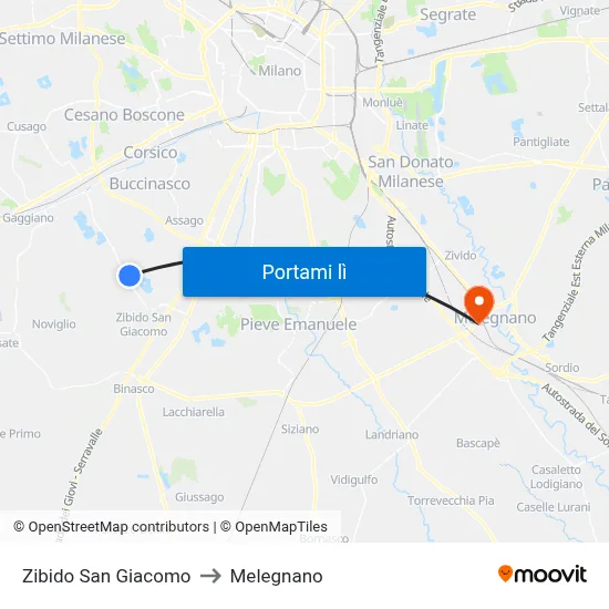 Zibido San Giacomo to Melegnano map