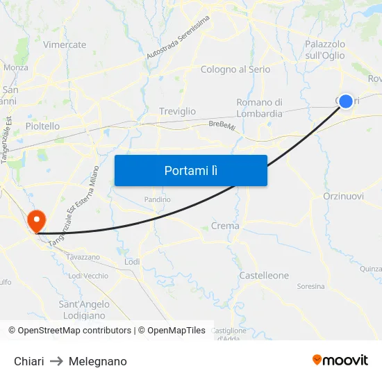 Chiari to Melegnano map