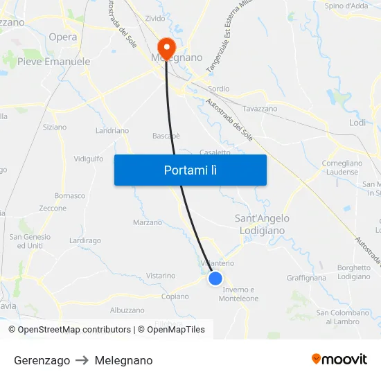 Gerenzago to Melegnano map