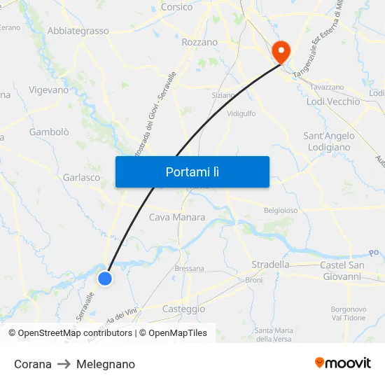 Corana to Melegnano map