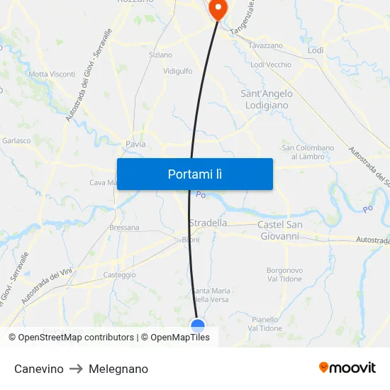 Canevino to Melegnano map