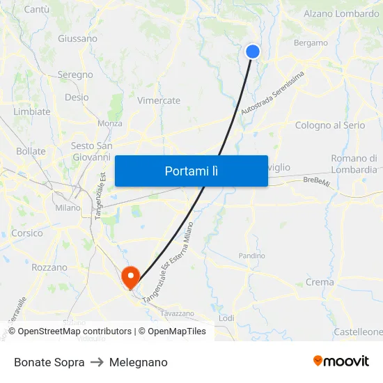 Bonate Sopra to Melegnano map