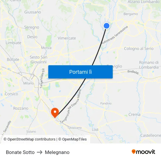 Bonate Sotto to Melegnano map