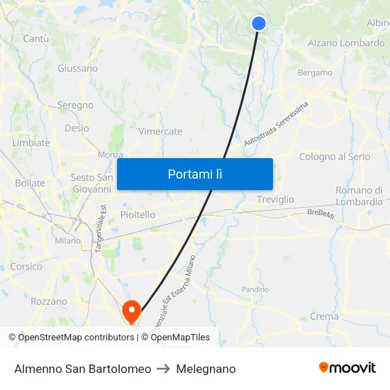 Almenno San Bartolomeo to Melegnano map
