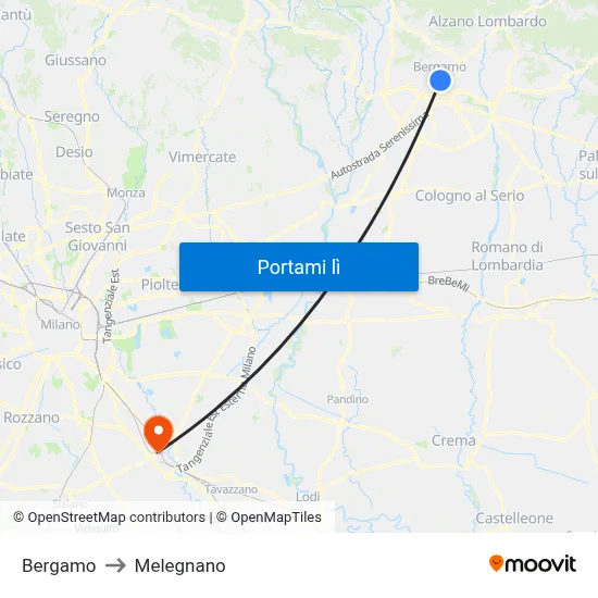 Bergamo to Melegnano map