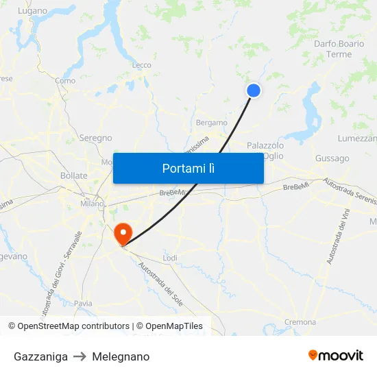 Gazzaniga to Melegnano map
