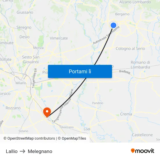 Lallio to Melegnano map
