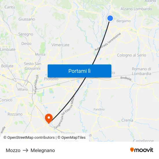Mozzo to Melegnano map