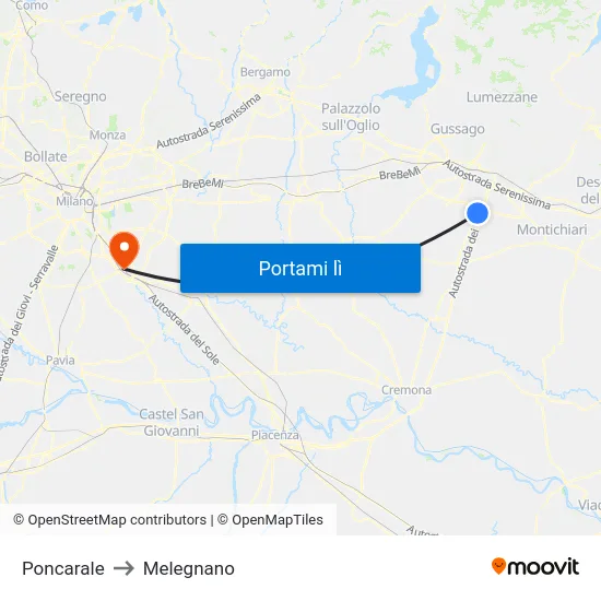 Poncarale to Melegnano map