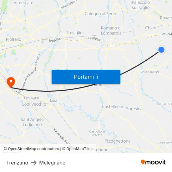 Trenzano to Melegnano map