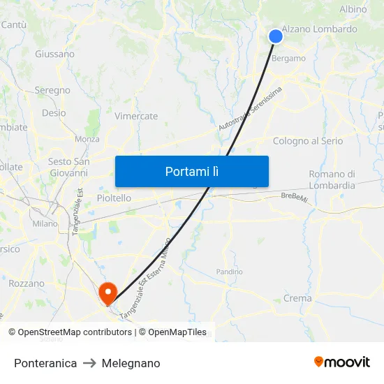 Ponteranica to Melegnano map