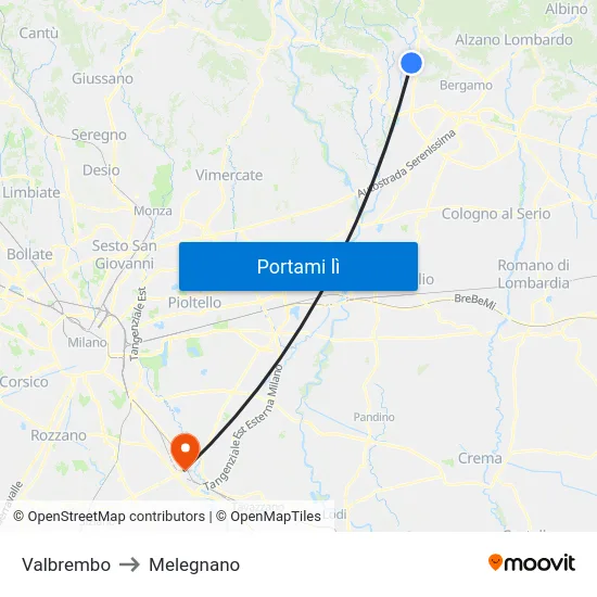 Valbrembo to Melegnano map