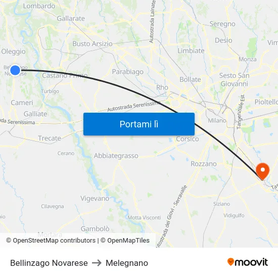 Bellinzago Novarese to Melegnano map