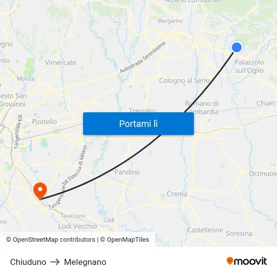 Chiuduno to Melegnano map