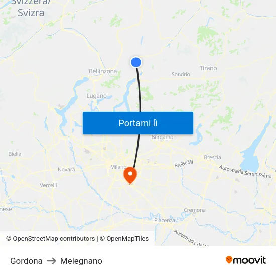 Gordona to Melegnano map