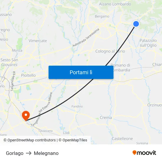 Gorlago to Melegnano map