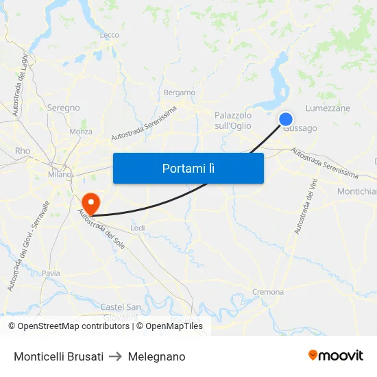 Monticelli Brusati to Melegnano map