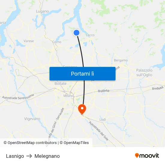 Lasnigo to Melegnano map
