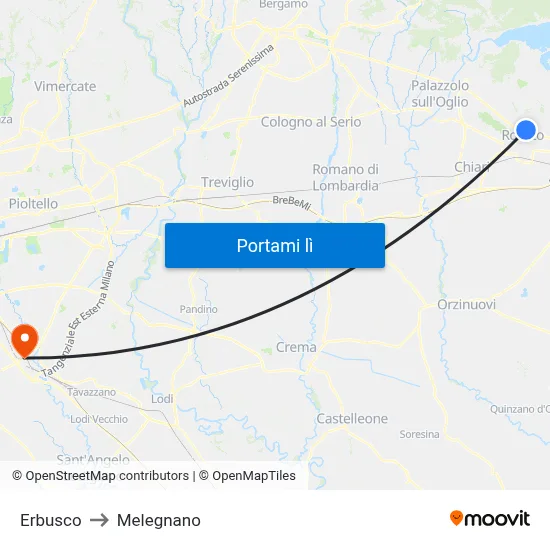 Erbusco to Melegnano map