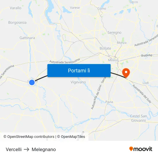 Vercelli to Melegnano map