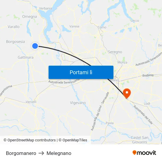 Borgomanero to Melegnano map