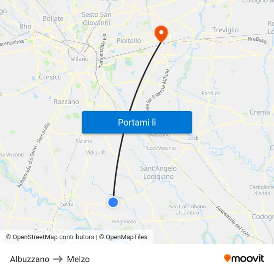 Albuzzano to Melzo map