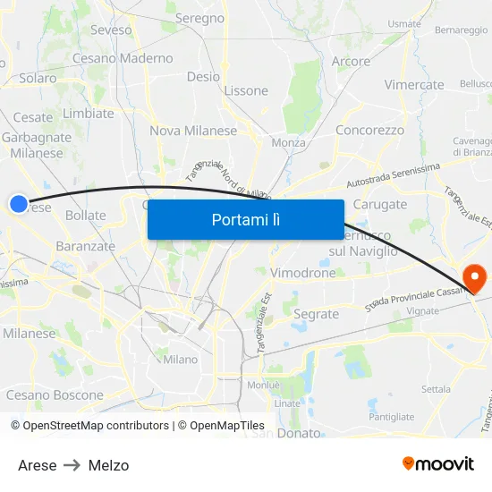 Arese to Melzo map