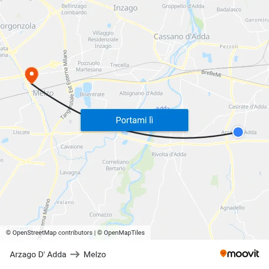 Arzago D' Adda to Melzo map