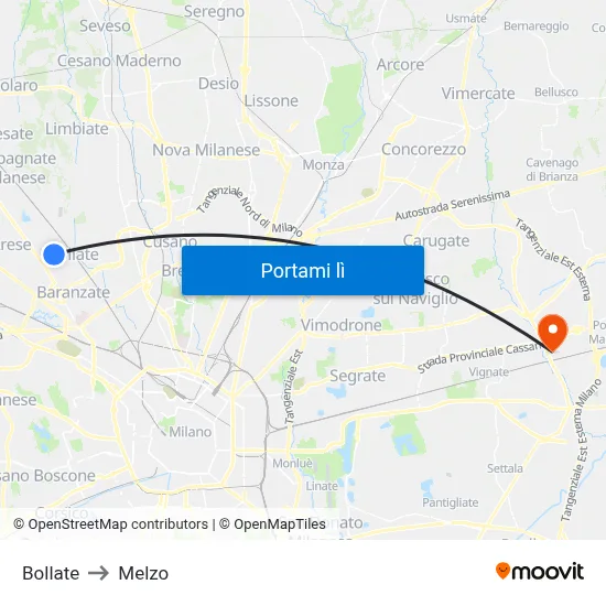 Bollate to Melzo map