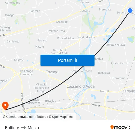 Boltiere to Melzo map