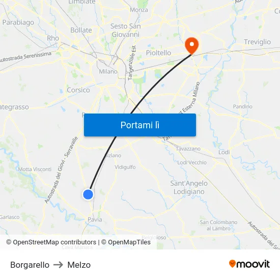 Borgarello to Melzo map