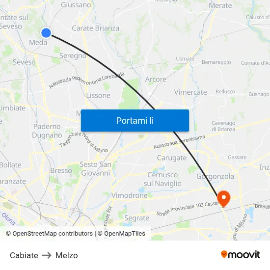 Cabiate to Melzo map
