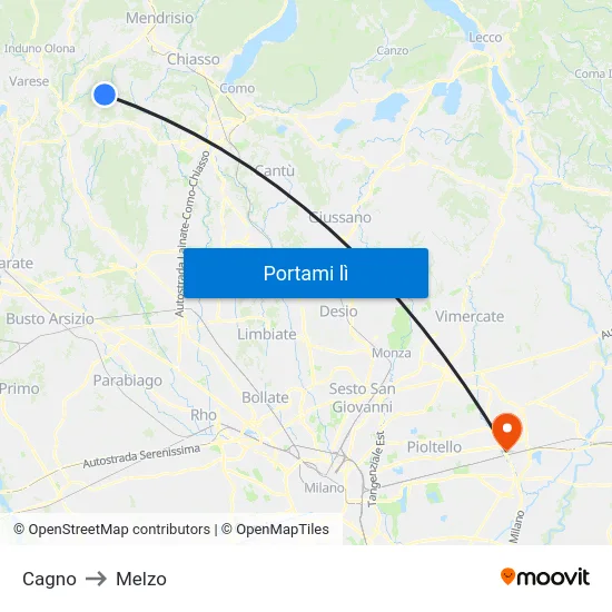 Cagno to Melzo map