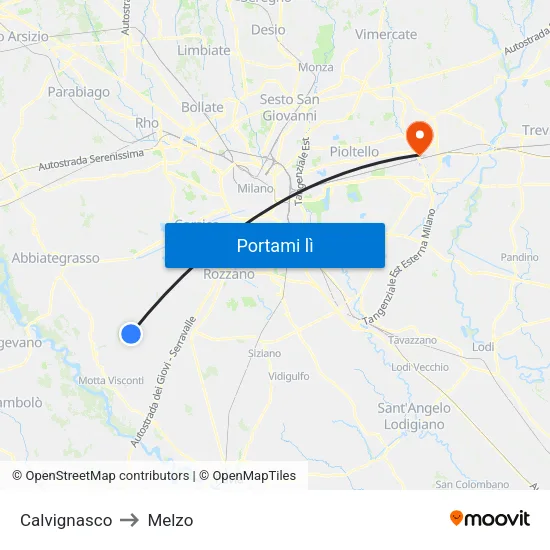 Calvignasco to Melzo map